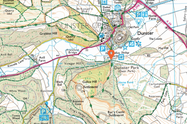 Map to show walking spot near Gallox Bridge, Dunster