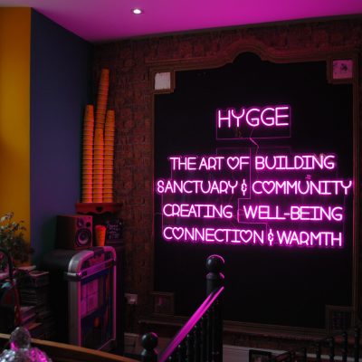 Neon Hygge sign at Charlie Fridays in pink