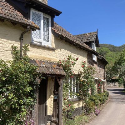 A cute house in Bossington with pretty plants and flowers growing up the yellow walls and a blue sky background