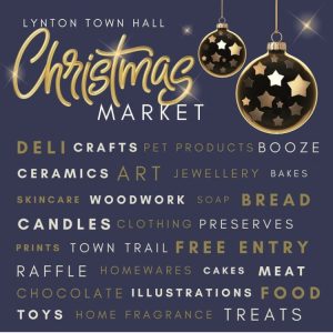 Lynton Christmas Market poster detailing whats on offer with a purple background & gold writing and two baubles in the top right corner