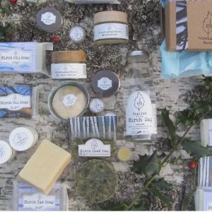 Priestlands Birch products at Lynton Christmas Market - soaps, moisturisers, teas, sap