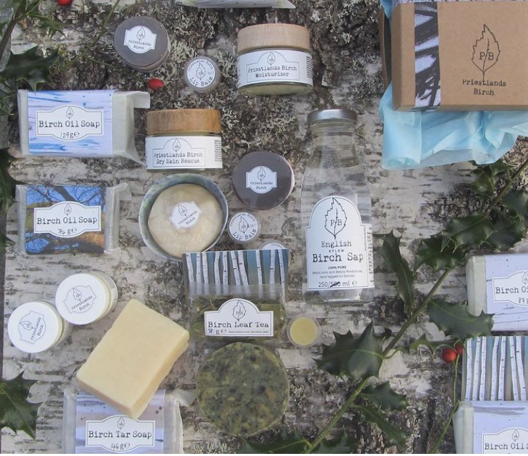 Priestlands Birch products at Lynton Christmas Market - soaps, moisturisers, teas, sap