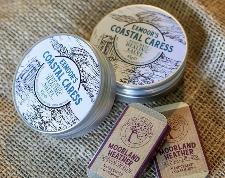 Exmoor's Coastal Caress products at Lynton Christmas Market - Healing salves in round tins and Moorland heather in rectangular tins