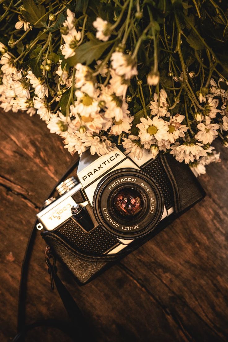 Vintage camera with flowers