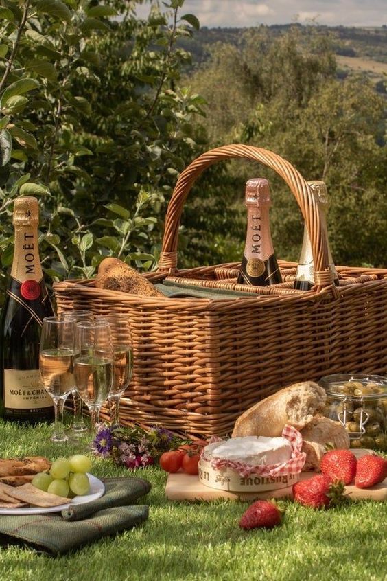 Wicker picnic hamper with bottles of Moet Champagne and a picnic laid out in front of it, greenery behind it